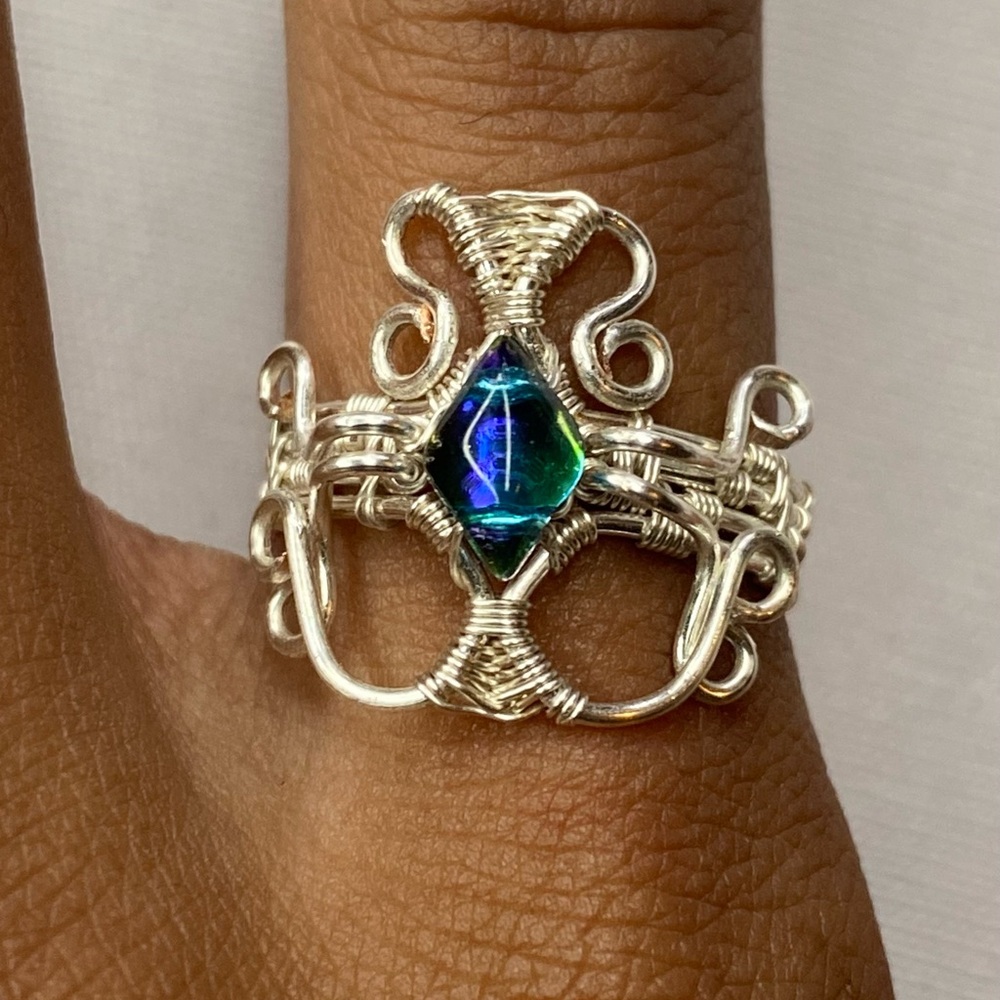 Elegant Silver Wire Wrapped Ring with Blue Gem